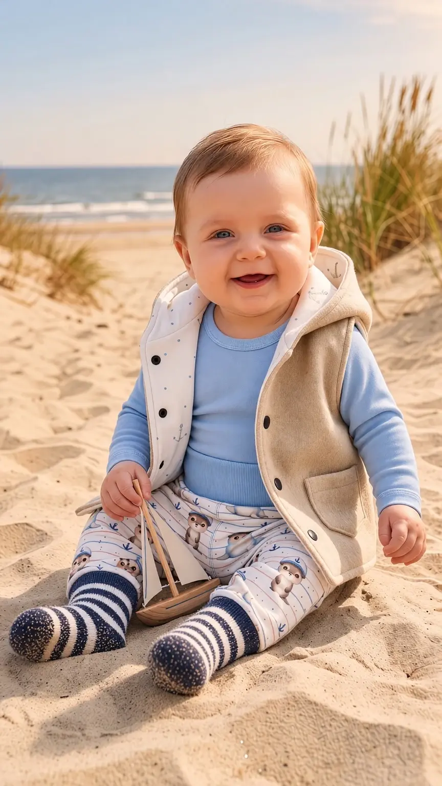 Miniaturbild: Baby in der camelbeigen Wollwalkweste „Kleiner Anker“ am Strand, kombiniert mit einem hellblauen Oberteil.