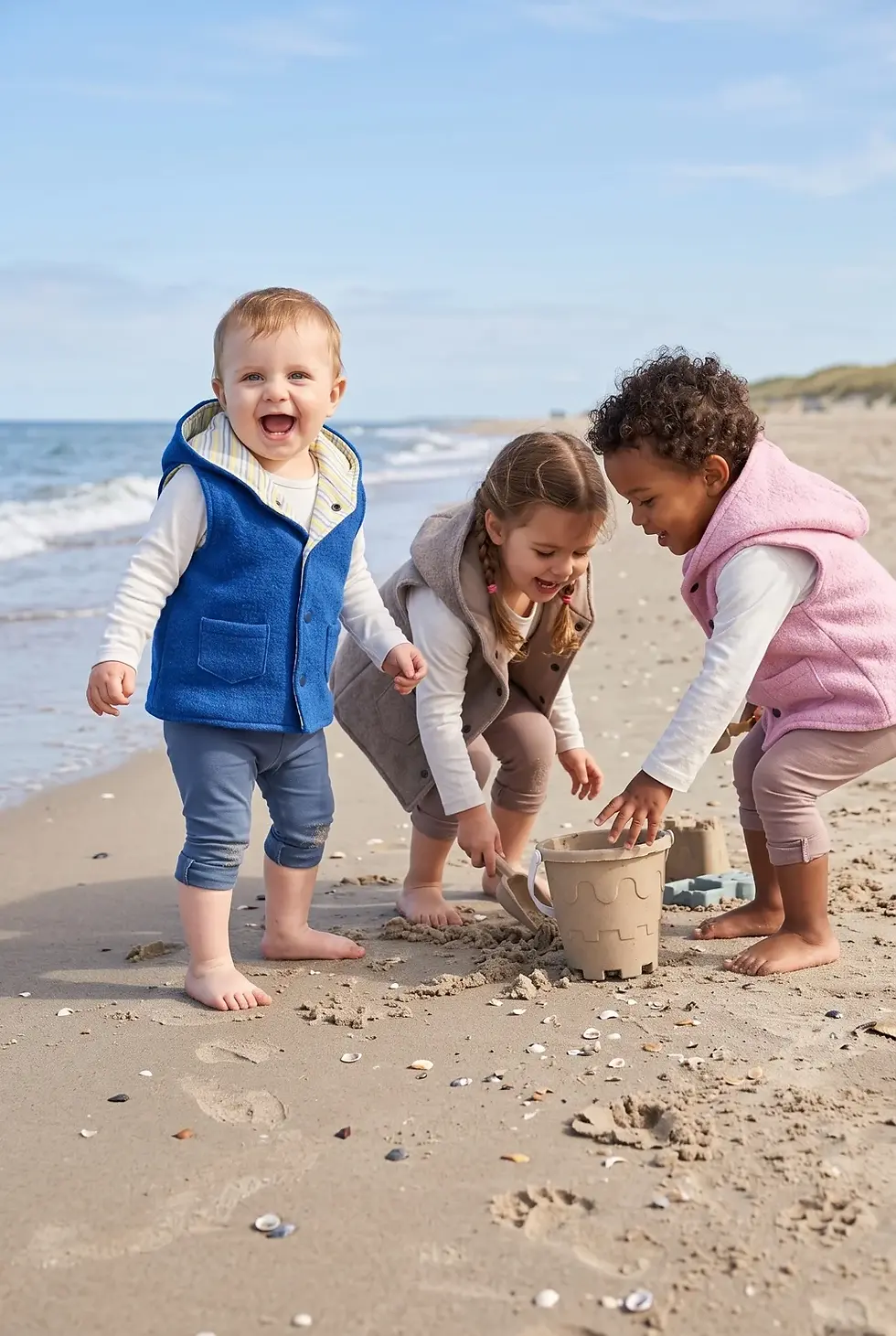 Miniaturbild: Kind trägt die ozeanblaue Walkweste Küstenstreifen mit Kapuze beim Spielen am Strand.