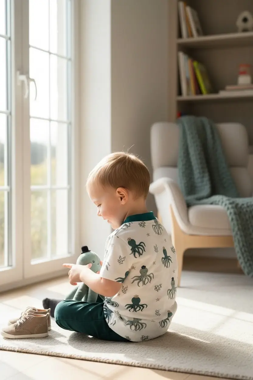 Miniaturbild: Kurzarmshirt Oktopuszeit frontal fotografiert, ruhige Farben, maritimer Look, weicher Jersey für empfindliche Kinderhaut