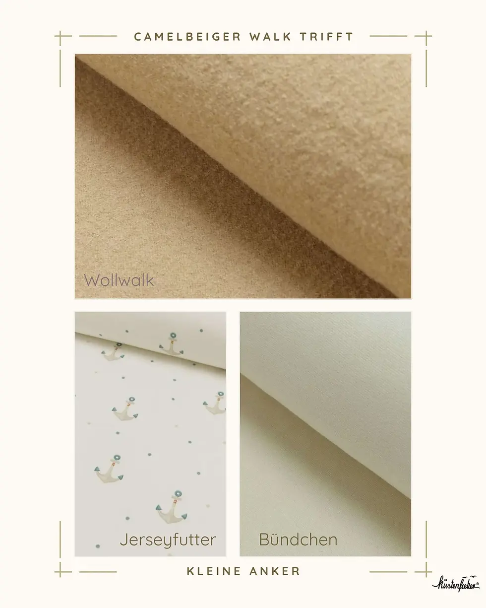 Walkkollektion Kleiner Anker aus camelbeigem Wollwalk, maritimem Ankerjersey und weichen Bündchen. Hochwertige Materialien fü