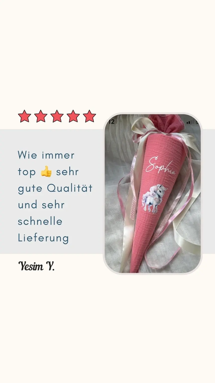 Miniaturbild: Große personalisierte Schultüte in Altrosa mit Einhorn-Stickerei und Namen „Sophia“, handgefertigt bei Küstenfieber®.