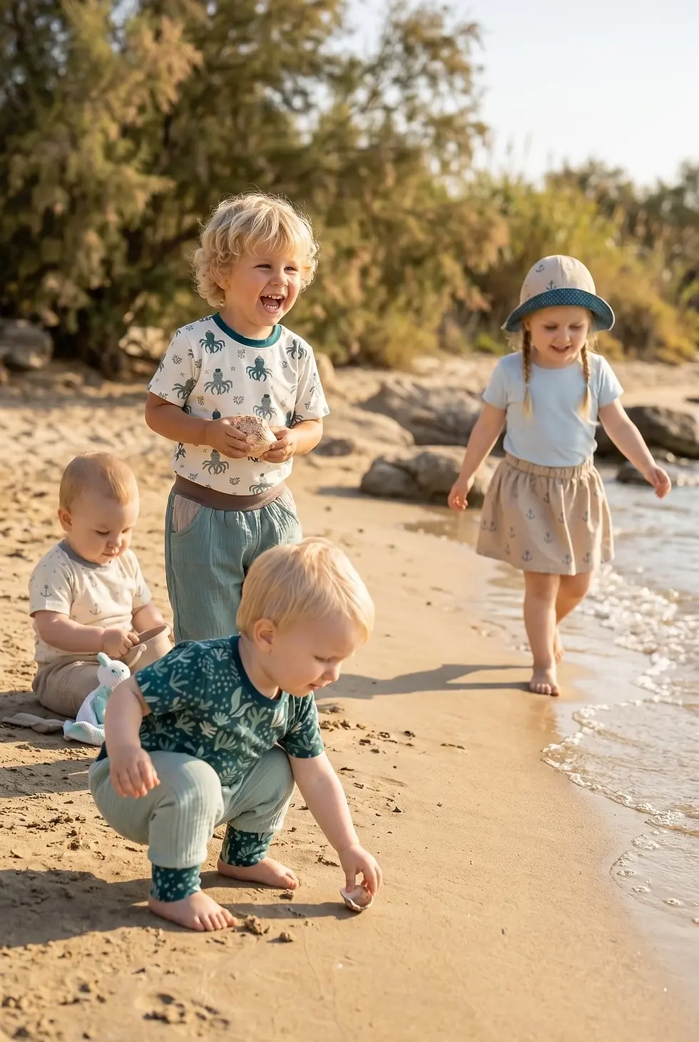 Miniaturbild: Kinder spielen am Strand und sammeln Muscheln. Wendbarer Sonnenhut Ankerliebe Beige Petrol für kleine Sommerabenteuer.