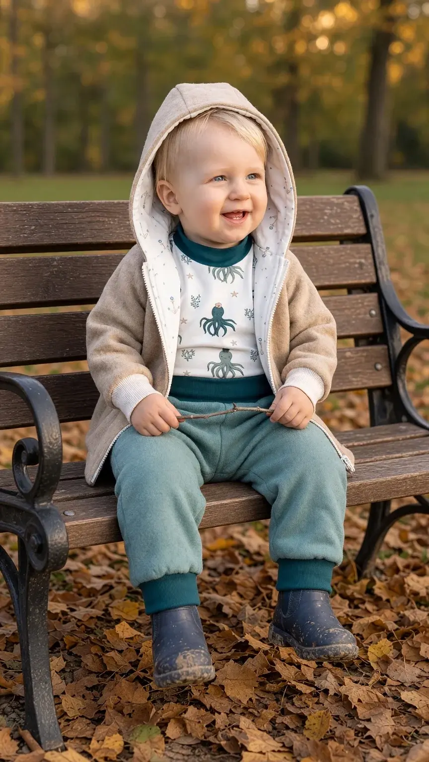 Kind in petrolfarbener Kuschelhose aus Bio-Baumwollfleece auf einer Parkbank im Herbst.