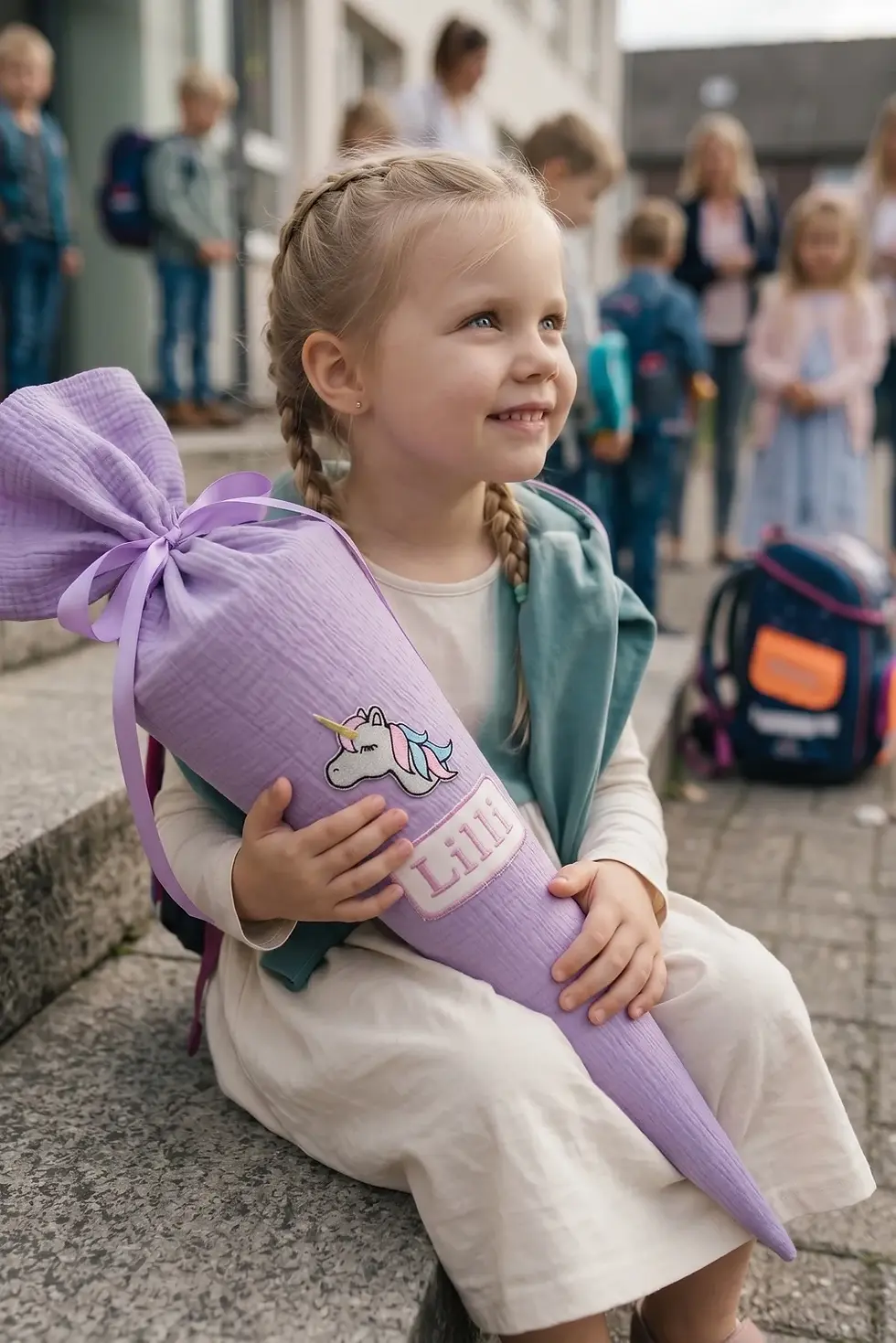 Hellblaue Musselin Schultüte mit Einhorn-Applikation und passendem hellblauen Satinband – handgefertigt für die Einschulung.