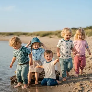 Kinder spielen fröhlich am Strand in handgefertigter Sommermode von Küstenfieber. Luftige Musselinkleidung, maritime Shirts und Sonnenhut für Babys und Kinder an einem sonnigen Tag am Meer.