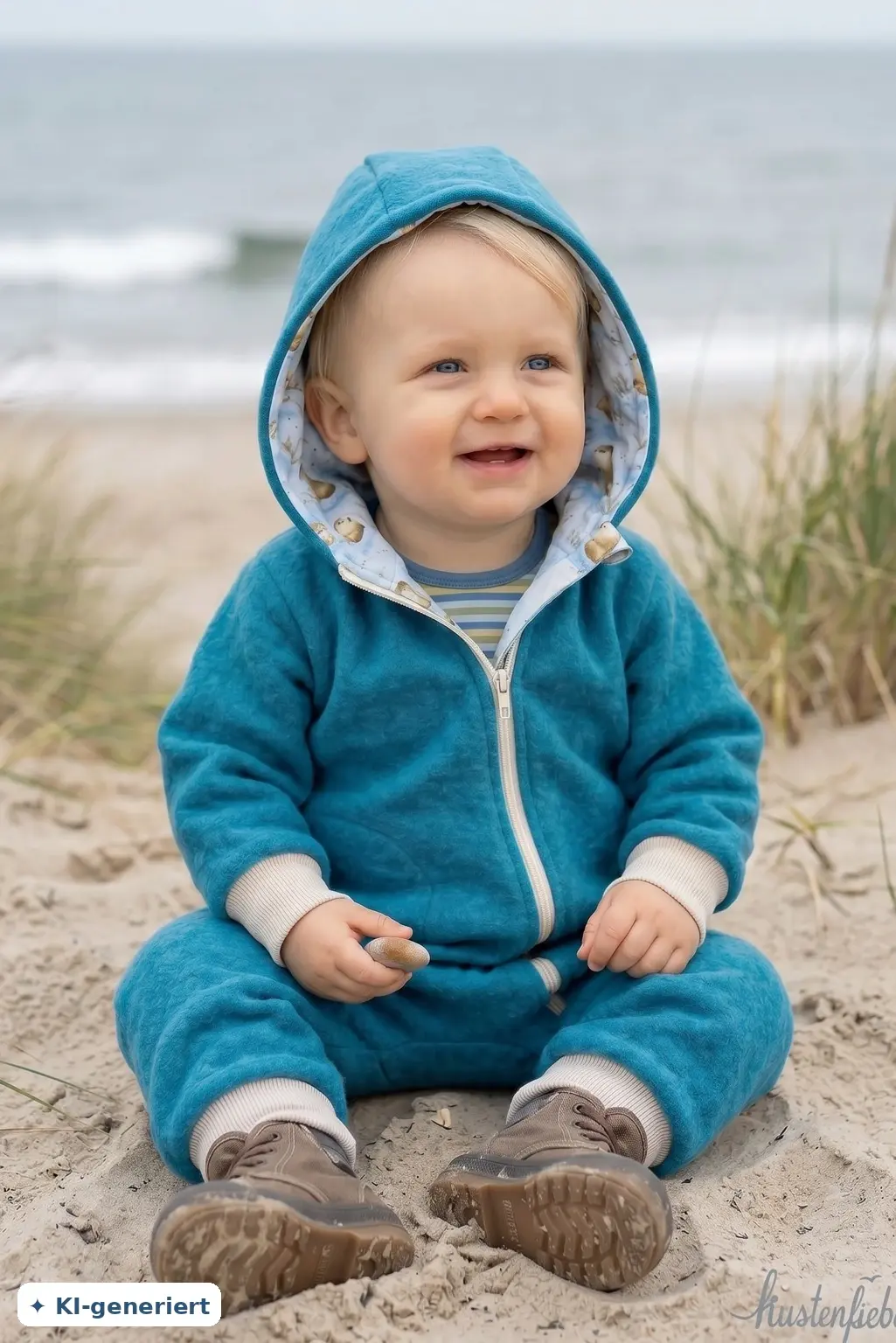 Baby trägt einen dunkeltürkisen Walkoverall „Kleiner Otter“ aus Wollwalk mit Otter-Jerseyfutter am Strand. Handgemacht in Ham