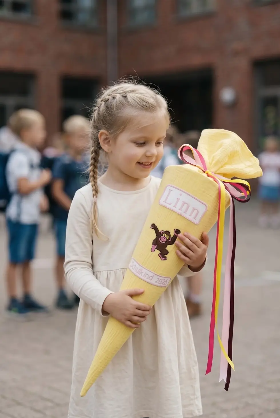 Mädchen hält personalisierte Musselin Schultüte mit Affenmotiv und Namenspatch bei der Einschulung in der Hand.