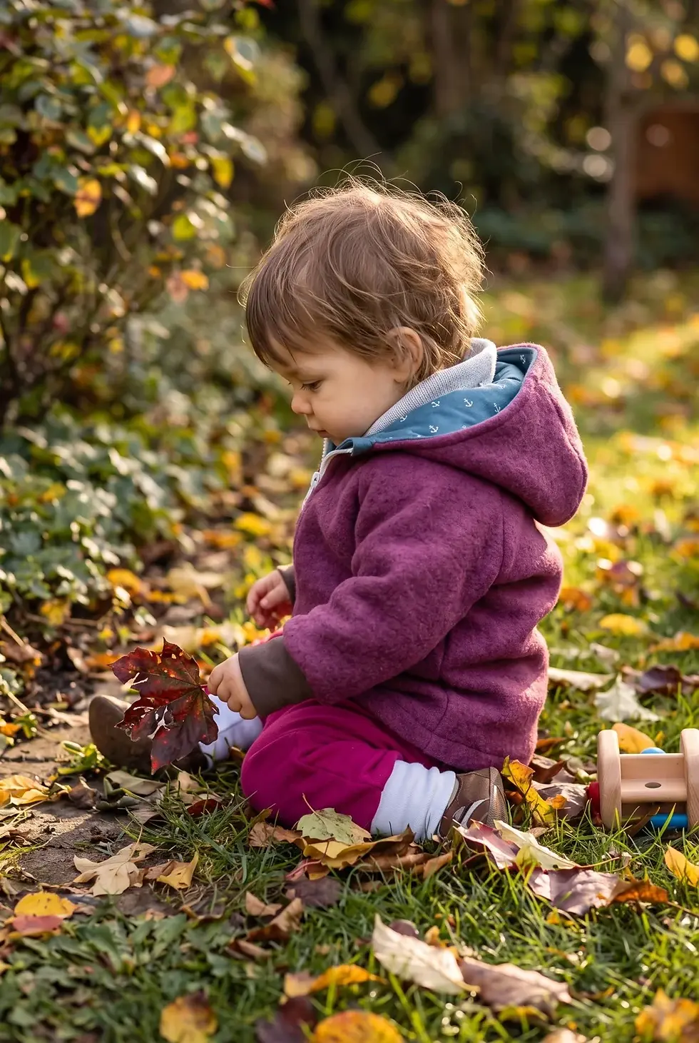 Kleinkind trägt die beerige Walkjacke Ankerliebe mit hellblauem Ankerfutter und sammelt im Herbstlaub.