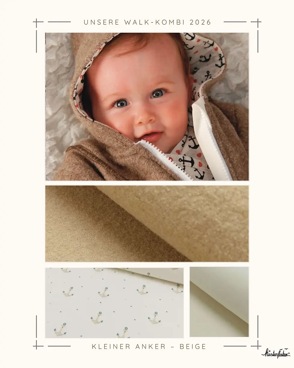 Baby im camelbeigen Walkoverall mit maritimem Ankerfutter. Warme Walkmode aus Schurwolle für Babys und Kinder, handgemacht in