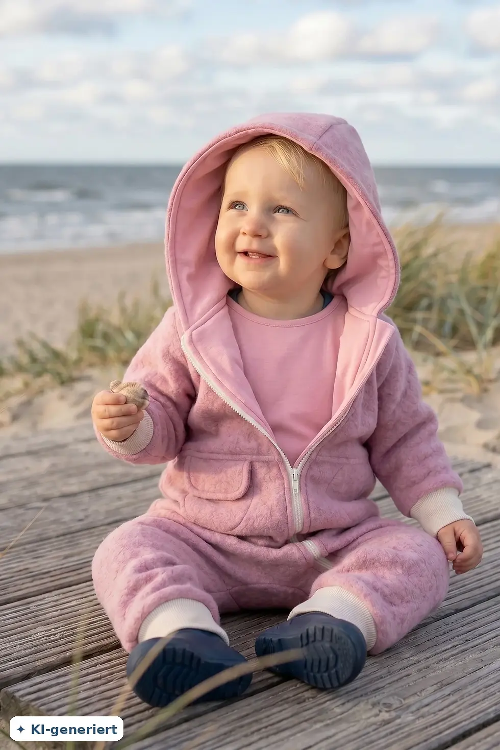 Baby trägt einen rosafarbenen Walkoverall „Muschelzauber“ aus Wollwalk mit hellrosa Jerseyfutter am Strand. Handgemacht in Ha