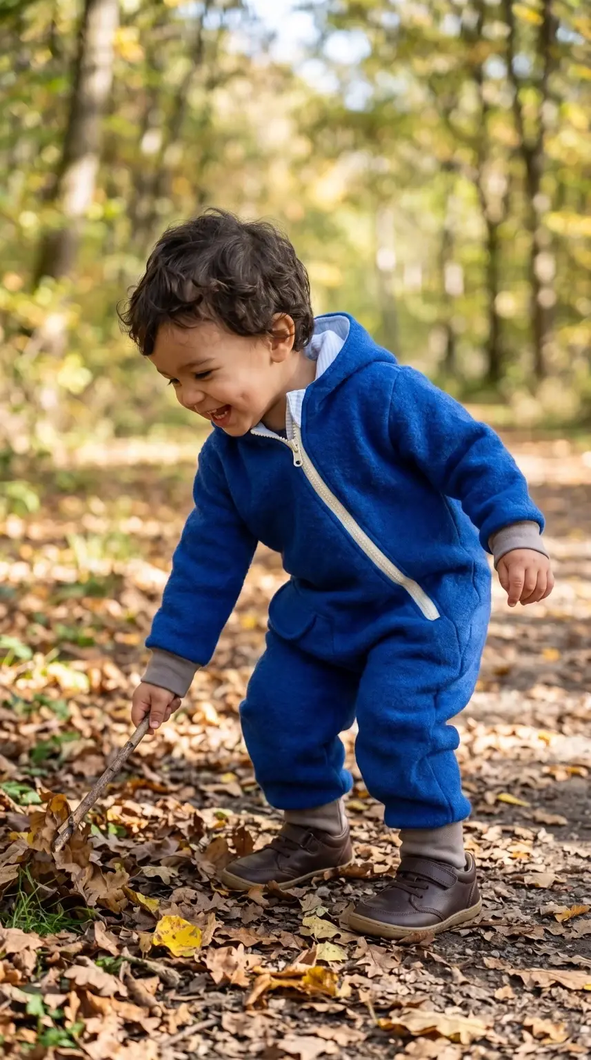 Kleinkind trägt einen blauen Wollwalkoverall mit Kapuze beim Spaziergang durch herbstliches Laub.