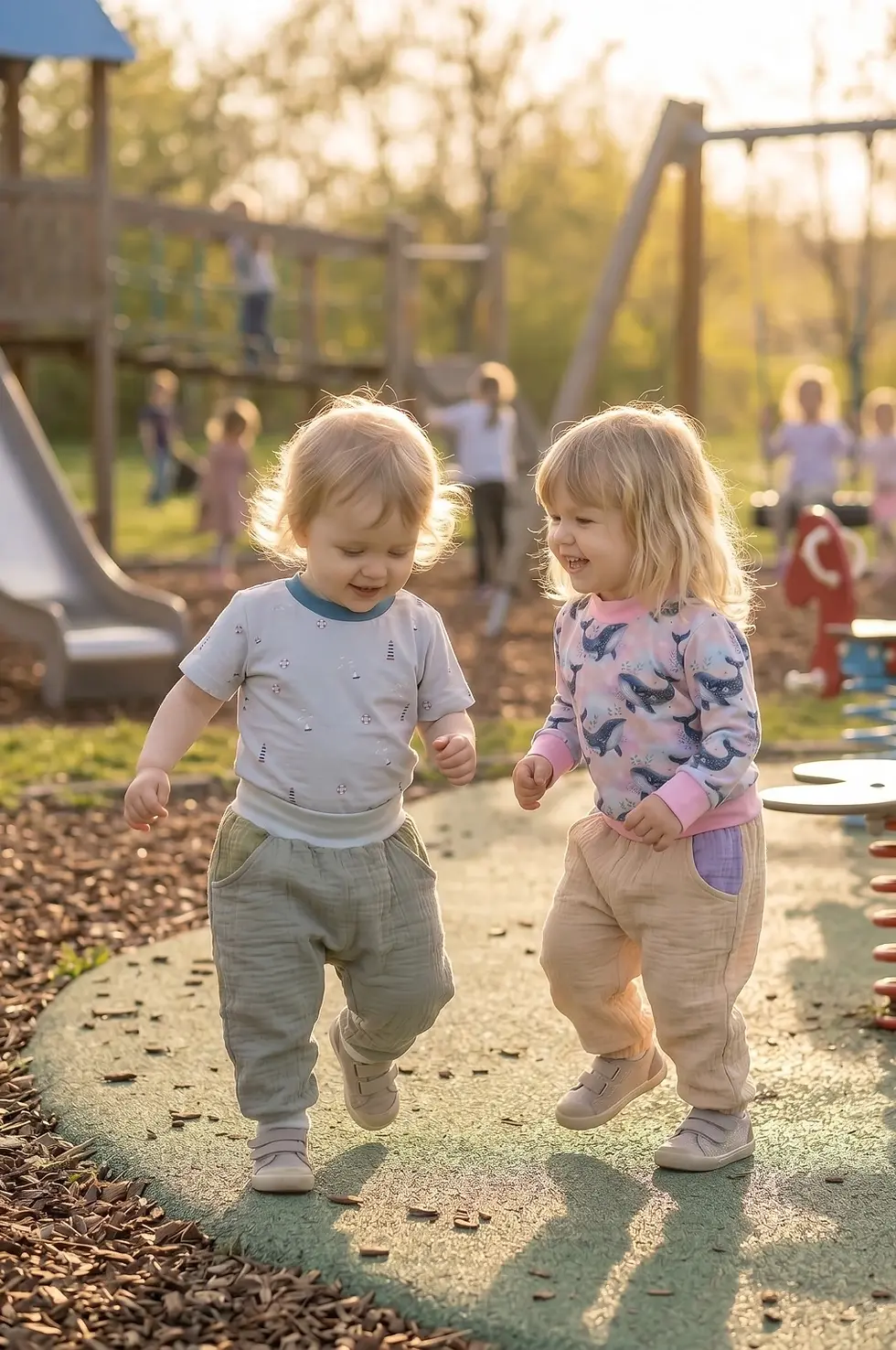 Miniaturbild: Kinder auf dem Spielplatz in handgemachter Musselinhose aus Musselin von Küstenfieber® – weich, luftig und alltagstauglich.