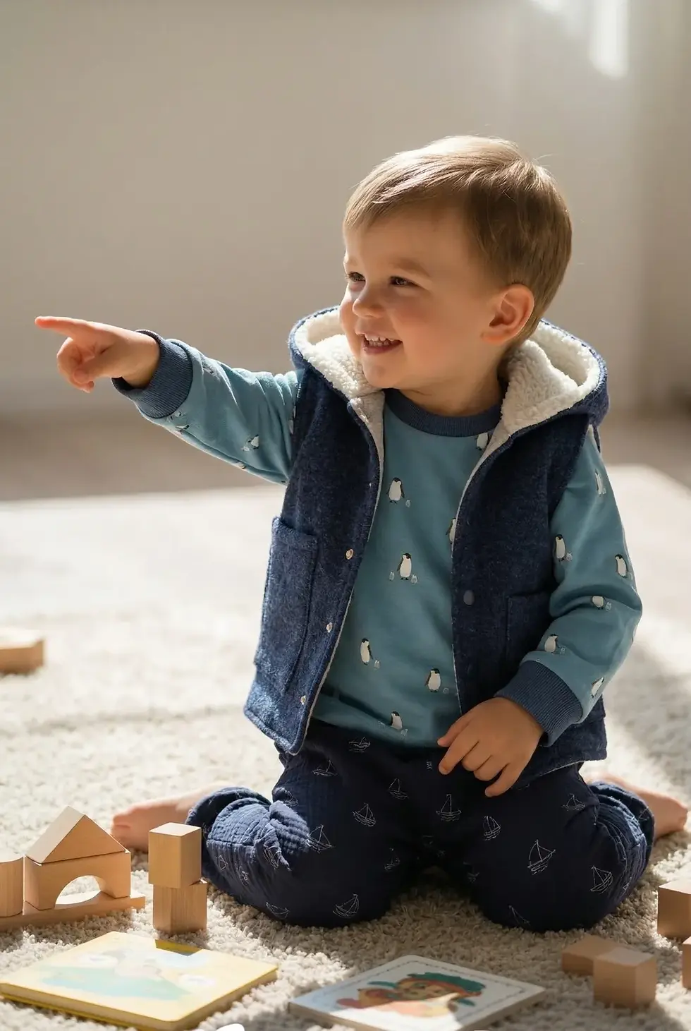 Baby Walkweste in Dunkelblau mit Zipfelkapuze aus Schurwolle, warm und atmungsaktiv, handgemacht in Hamburg für Herbst und Wi