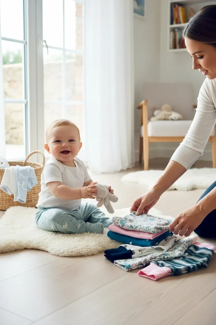 Miniaturbild: Baby trägt maritime Pumphose 62/68, Mama faltet weitere Einzelstücke, mitwachsend, OEKO-TEX Stoff, handgemacht in Hamburg.