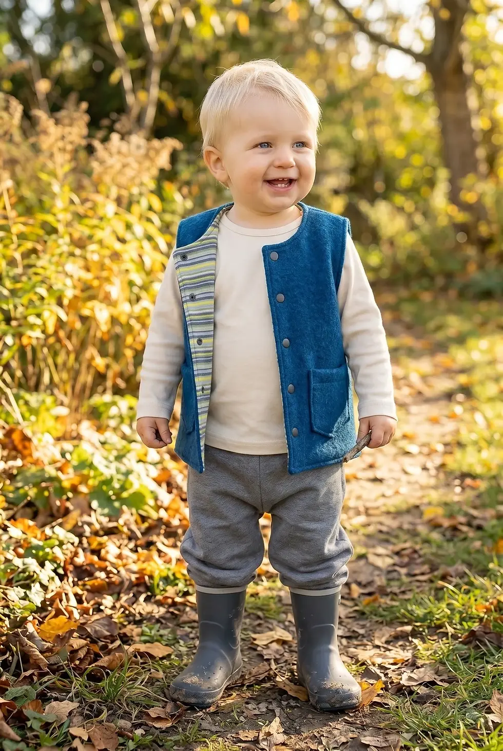 Miniaturbild: Baby in ozeanblauer Walkweste mit maritimem Streifenfutter. Leichte Wärme und viel Bewegungsfreiheit für kleine Entdecker.