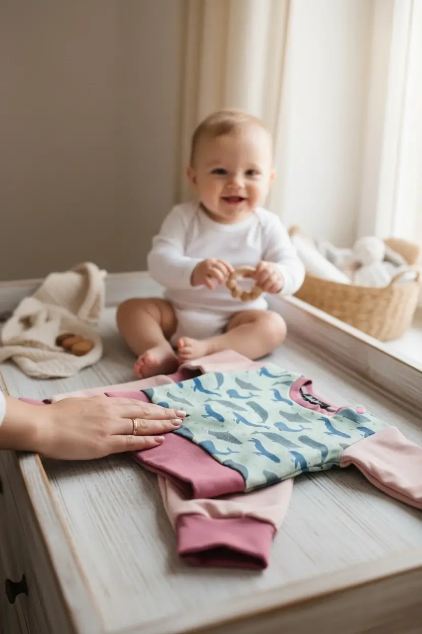 Miniaturbild: Baby sitzt auf Wickelkommode neben Outfit mit Pullover Walfang, weiche Baumwolle OEKO-TEX, ruhige Farben, nachhaltige Babykle