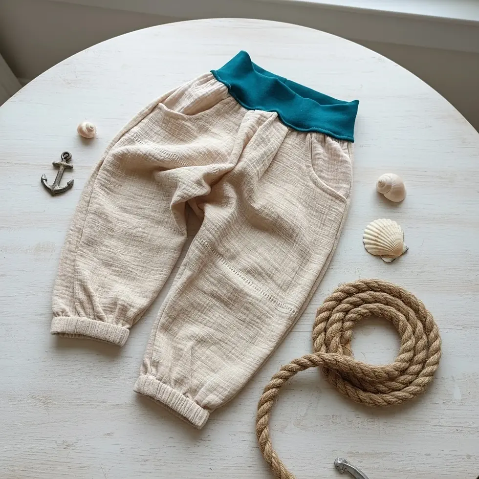 Miniaturbild: Musselin-Kinderhose in Sandbeige mit petrolfarbenem Bündchen und maritimer Optik, ideal für Sommer, Kita und Spielplatz.