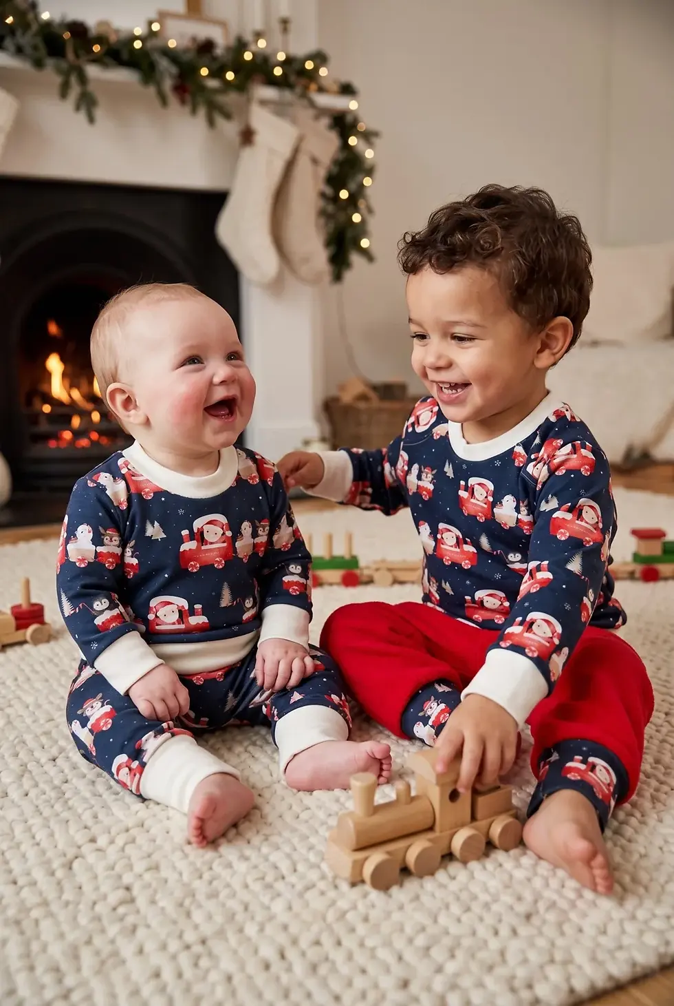 Baby und Kleinkind sitzen vor dem Kamin und tragen dunkelblaue Weihnachtspullover mit Santa-Express-Motiv.