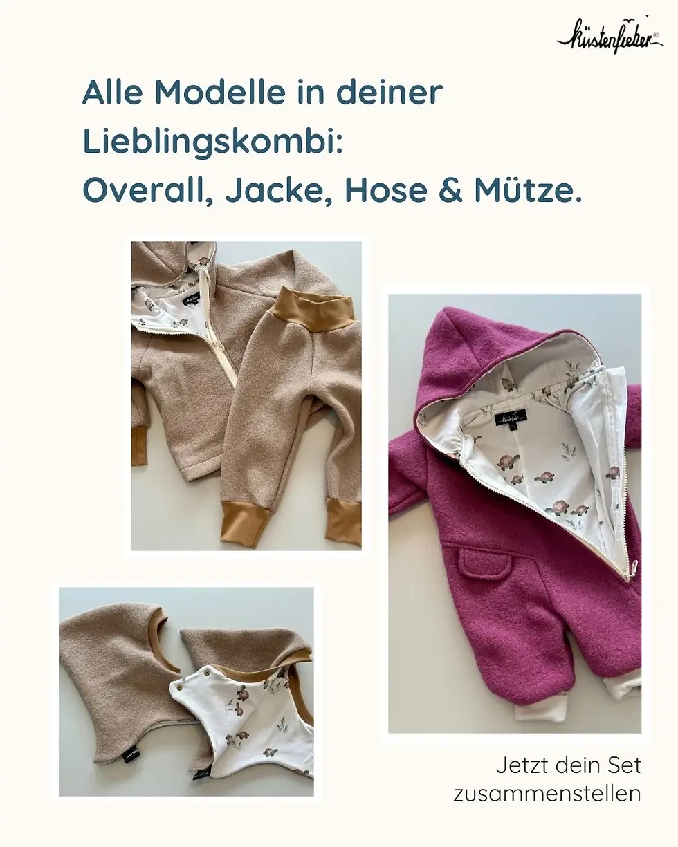 Walkoverall, Jacke und Schlupfmütze handgefertigt in Hamburg – warme Kinderkleidung aus OEKO-TEX® Schurwolle.