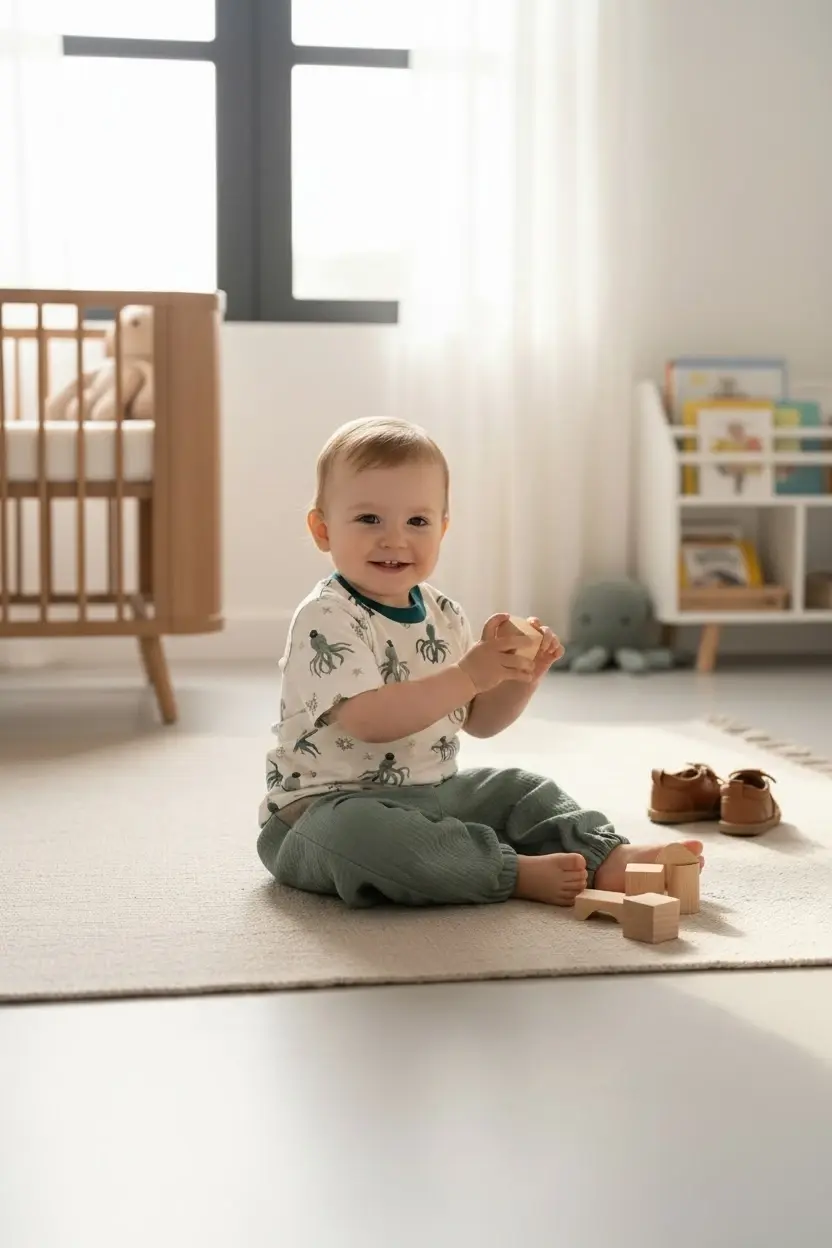 Miniaturbild: Baby sitzt im Wohnzimmer und spielt. Trägt Oktopus-Shirt und Musselinhose. Weiche Materialien, bequem und alltagstauglich.