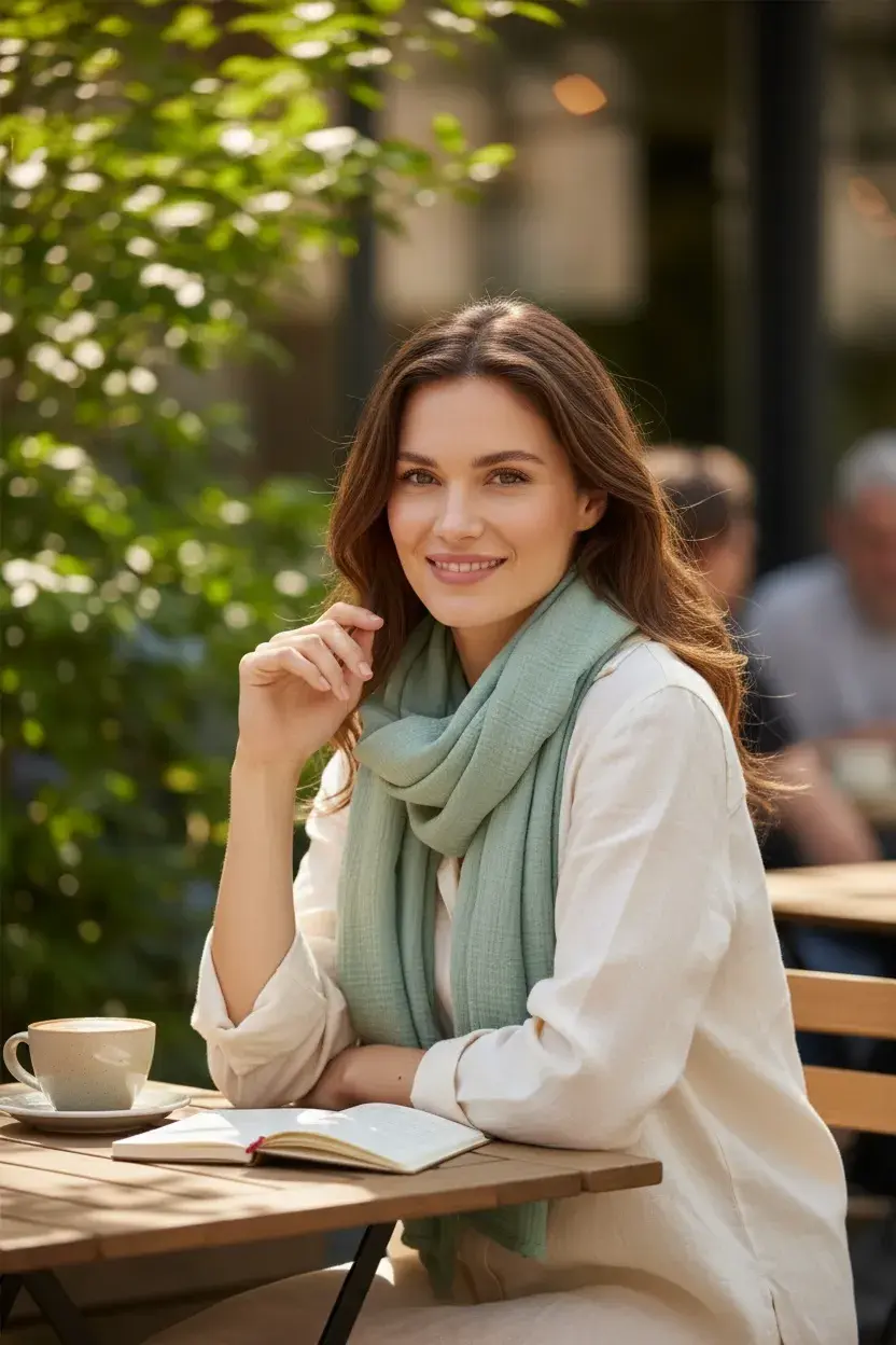 Miniaturbild: Großes Musselintuch in Küstenschilf als Halstuch getragen. Weicher Baumwollmusselin, leicht und vielseitig für Eltern.