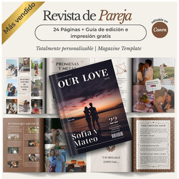 Plantilla de revista personalizada para parejas Our Love: tipo Vogue para crear un regalo de aniversario, cumpleaños o San Valentín con fotos propias.