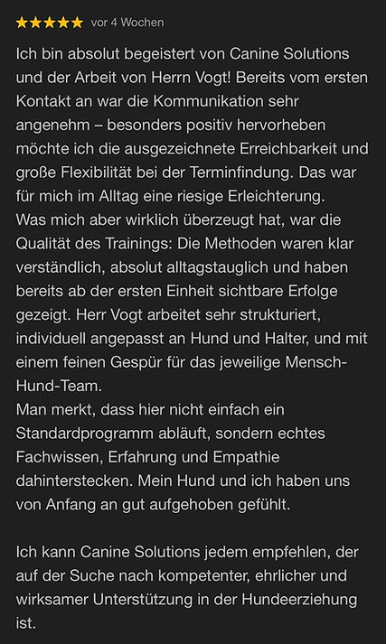 Positive Kundenbewertung für die Hundeschule Canine Soulutions