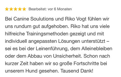 Fünf Sterne Kundenrezension für Hundeschule Canine Soulutions