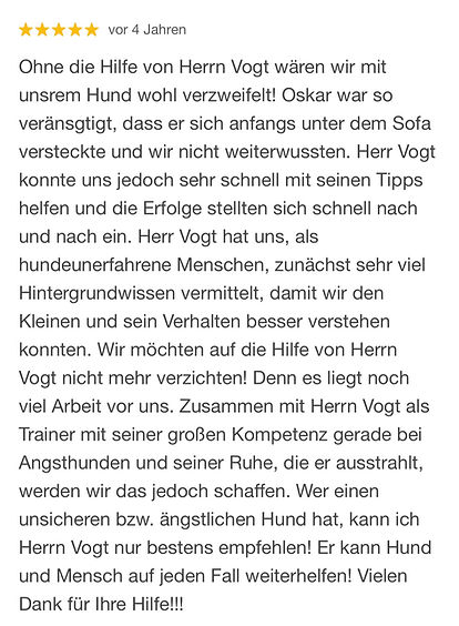 Fünf Sterne Kundenrezension für Hundeschule Canine Soulutions