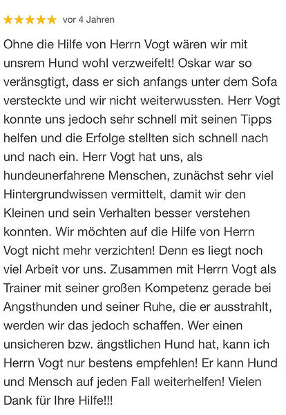 Fünf Sterne Kundenrezension für Hundeschule Canine Soulutions