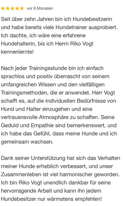Fünf Sterne Kundenrezension für Hundeschule Canine Soulutions