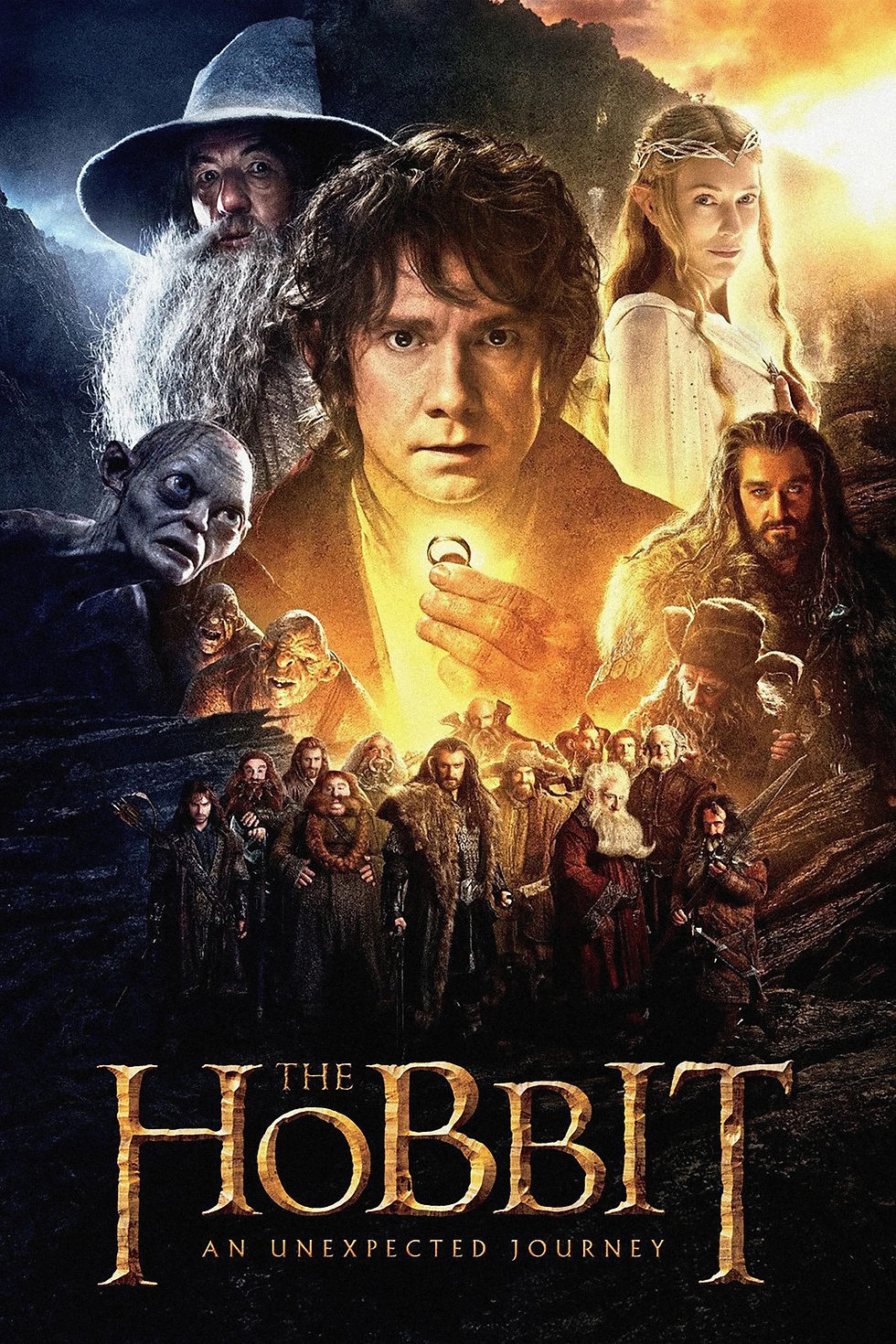 The Hobbit movie poster with Bilbo, Gandalf, elves, and dwarves against a fiery mountain backdrop; title reads An Unexpected Journey