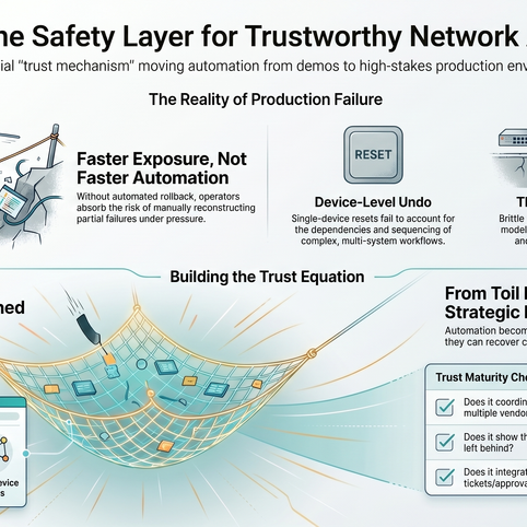 An infographic titled “Rollback: The Safety Layer for Trustworthy Network Automation.” It explains how rollback helps move network automation from demos to production by reducing failure exposure, supporting multi-vendor recovery, preserving workflow state, and integrating tickets, approvals, and cross-device visibility into a governed recovery process.