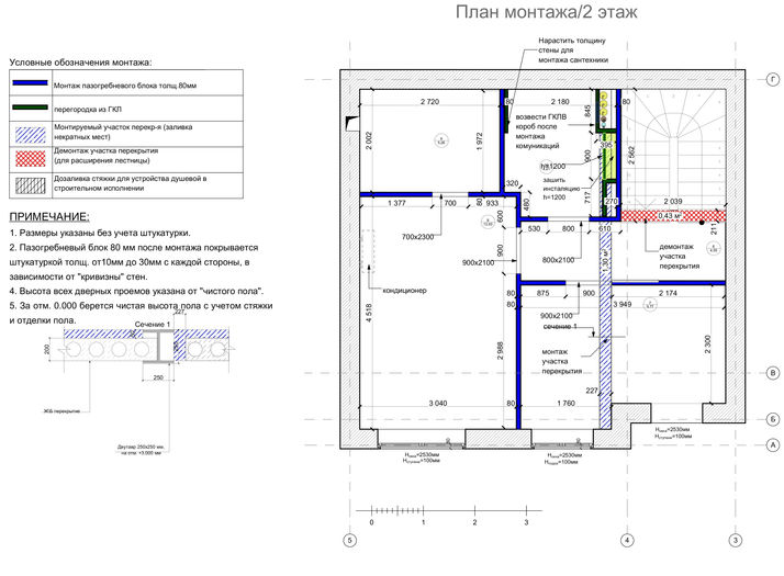 Plan de montage et démontage des cloisons intérieures et des ouvertures de portes. Les dimensions des structures, la hauteur des ouvertures, les types de matériaux utilisés (placo, cloisons en carreaux de plâtre - PGP) sont indiqués. Les détails des assemblages et des éléments avec leurs dimensions sont précisés pour une installation précise. Des annotations explicatives et des coupes techniques sont incluses pour visualiser les solutions techniques.