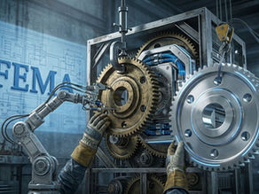 Industrial robot arm and gloved workers metaphorically overhauling FEMA, symbolizing the FEMA Act.