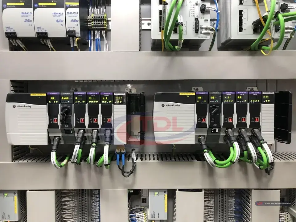 Redundant ControlLogix 5580 chassis pair and Stratix switches in the FeedOne process control cabinet