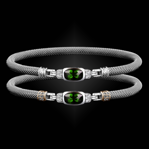Sterling Silver Lab Emerald & Diamond Bangle Bracelet