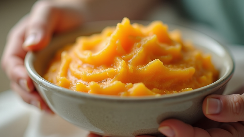 Close-up view of a bowl of pureed chicken and sweet potato for baby food