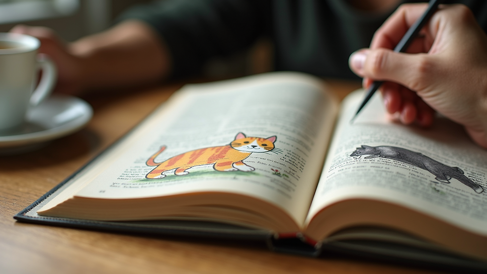 Close-up view of an autographed cat-themed book with colorful illustrations