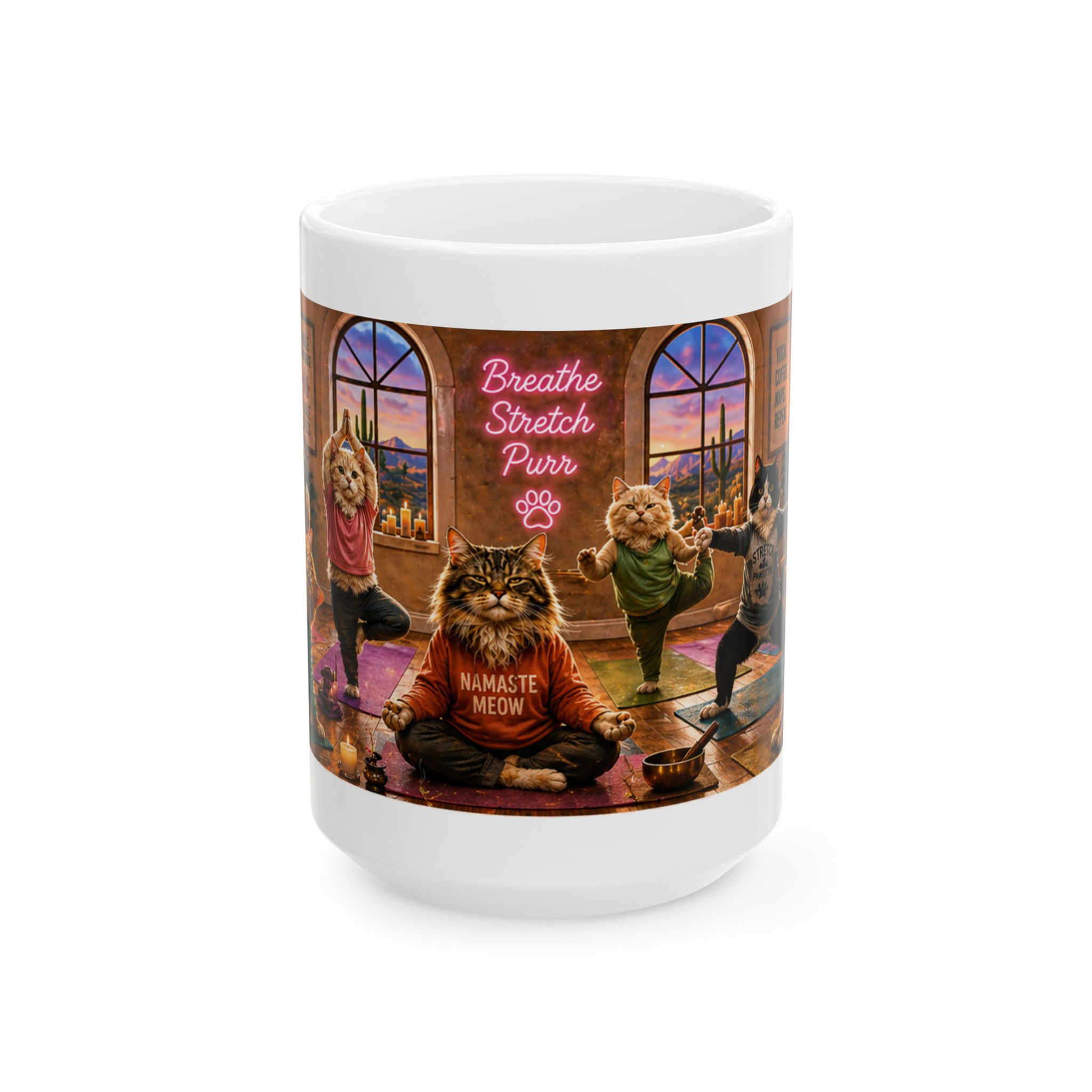 Namaste Meow Cats Yoga Mug Breath Stretch and Purr Zen Cat Ceramic Mug