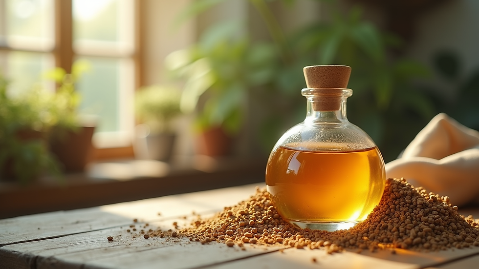 Seitenansicht einer Parfümflasche mit natürlichen Inhaltsstoffen im Hintergrund