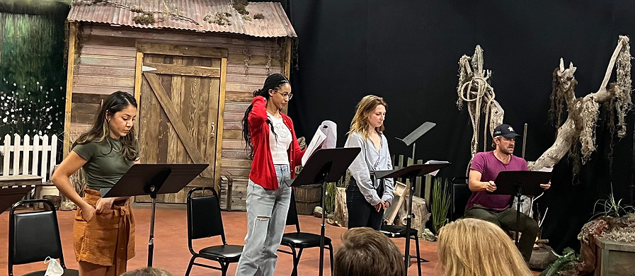 A photo in a theatre of a reading. Four actors stand in a line, with music stands, and read from scripts. Audience members sit in front, watching the actors.