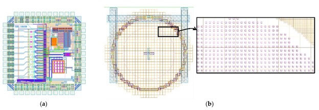 displays a test chip layout: (a) overall layout view without Back-End-Of-Line (BEOL) layers, and (b) a detailed view of a SPAD cell showing STI patterning over the photosensitive area.
