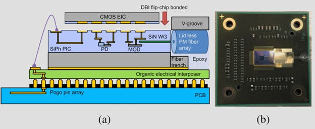 3D heterogenous-integrated optical transceiver: (a) cross-section and (b) packaged module.
