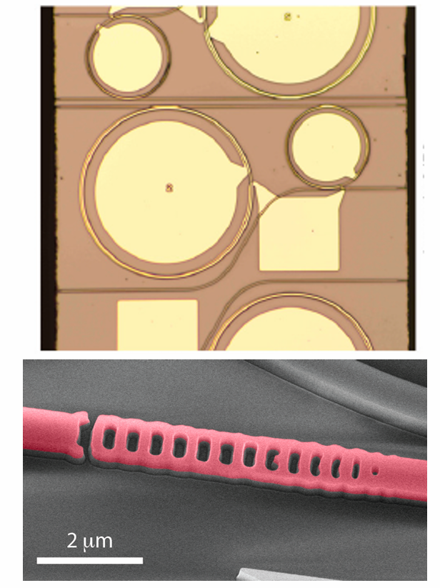 Top: High-quality tunable resonator fabricated in silicon carbide on insulator for Kerr comb and squeezed light generation; Bottom: Inverse-designed photonic structures in silicon carbide on insulator.