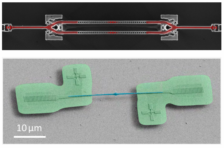 Inverse-designed photonic structure in diamond; Bottom: Integration of diamond photonic devices with lithium niobate thin-film photonic devices