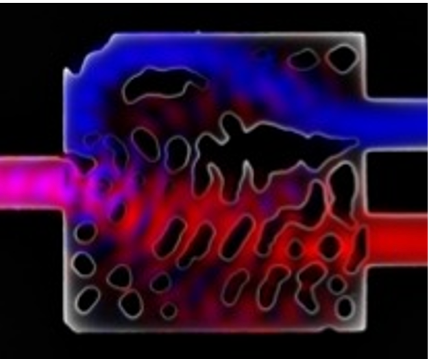Inverse-designed wavelength demultiplexer fabricated on silicon-on-insulator (SOI), showcasing a compact design with a linear dimension of only 2.8 microns