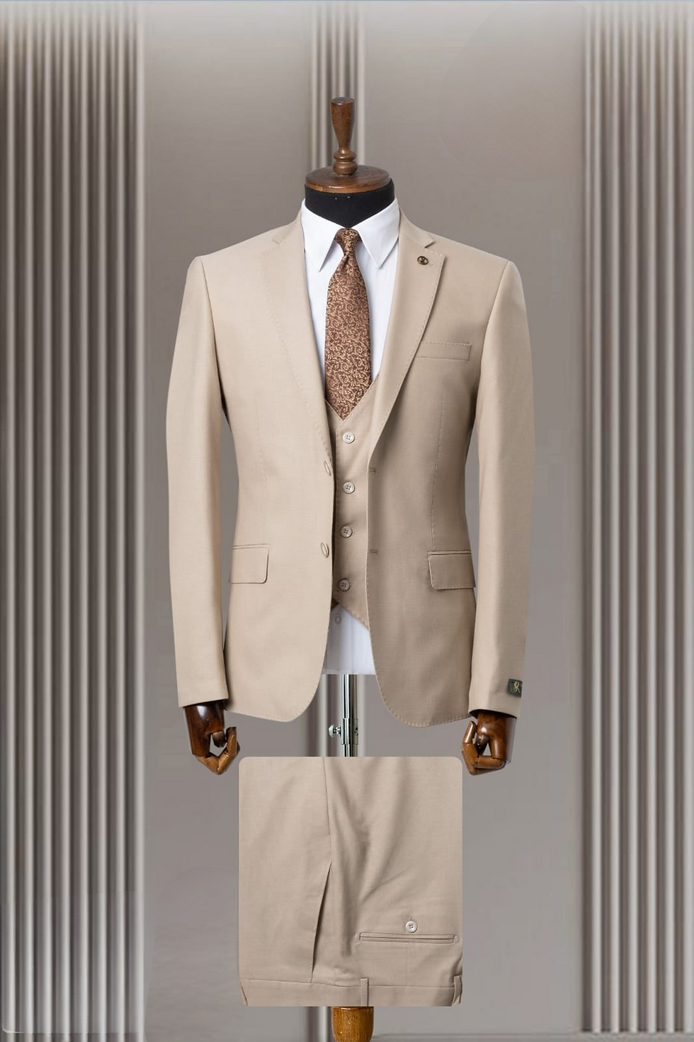 Beige Suit with Stitched Lapel | Beige 3 Piece Suit