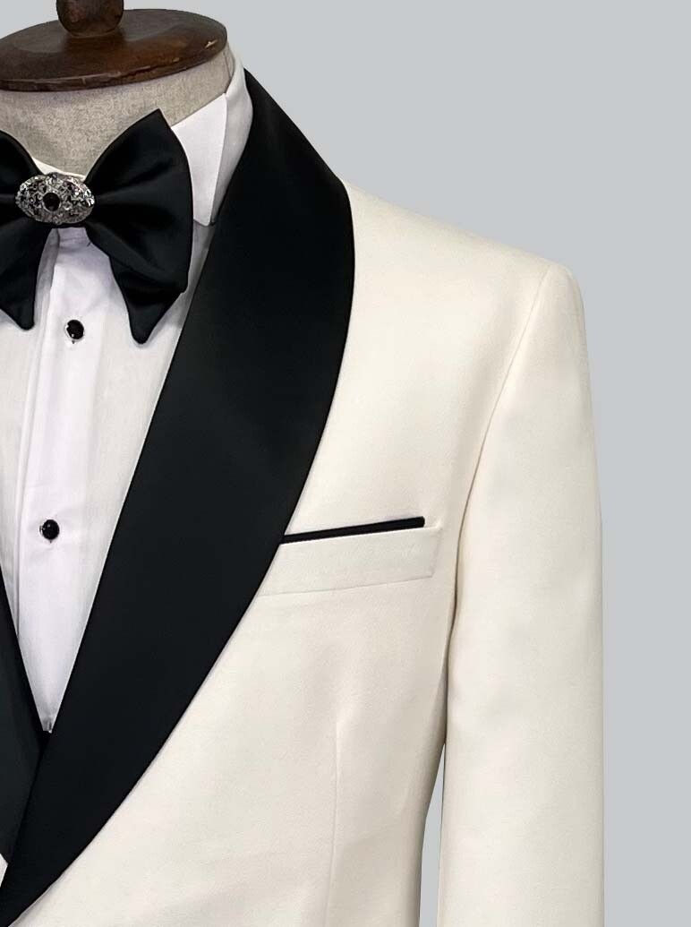 Thumbnail: White Tuxedo Suit with Buckle Design | Tuxedo Double Breasted Suit