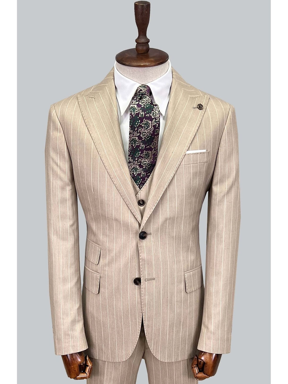 Beige Pinstripe Suit | Beige Double Pocket Suit